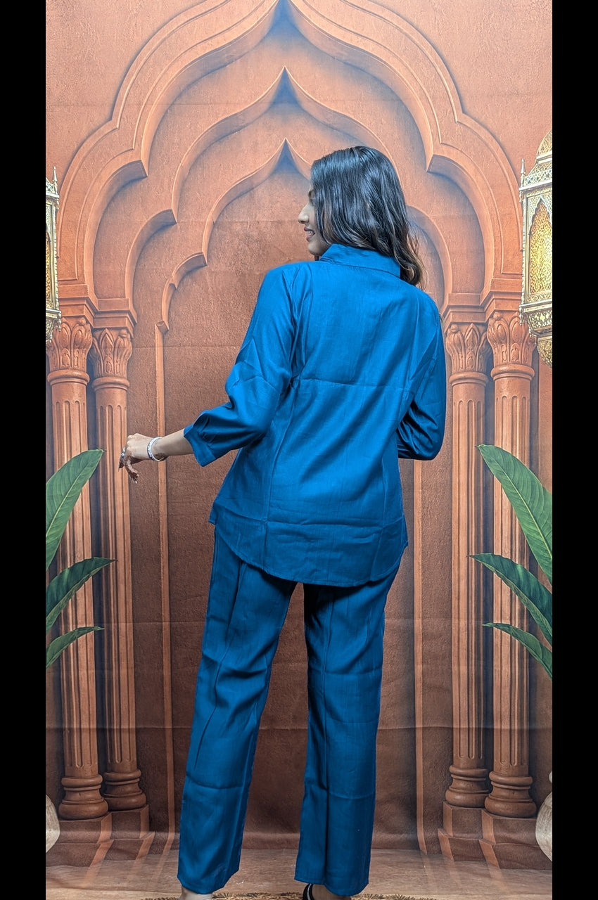 Premium blue embroidered co ord set back view in vartican fabric with stylish designer look
