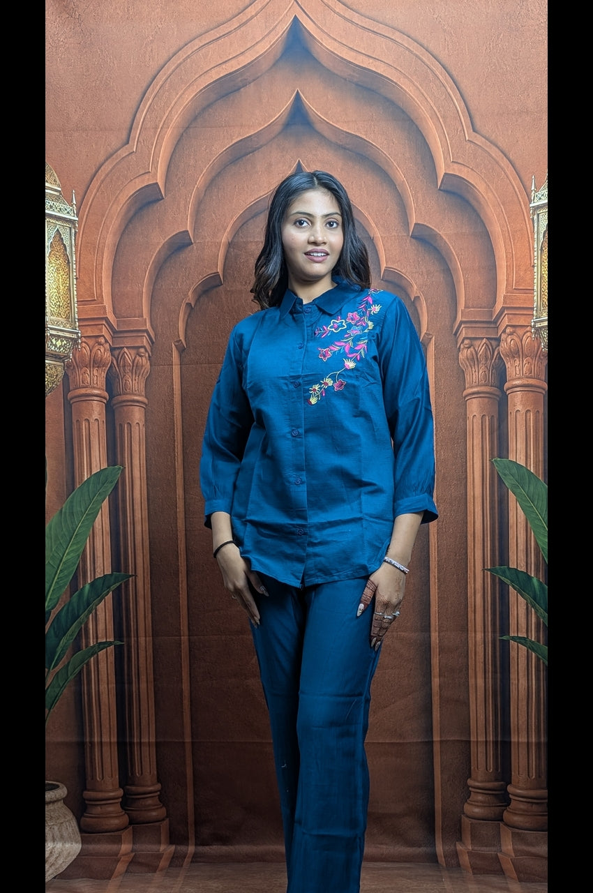 Premium blue co ord set embroidery work detail on vartican fabric for women fashion wear