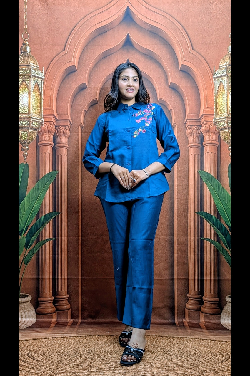 Premium blue embroidered co ord set for women in vartican fabric with elegant embroidery work