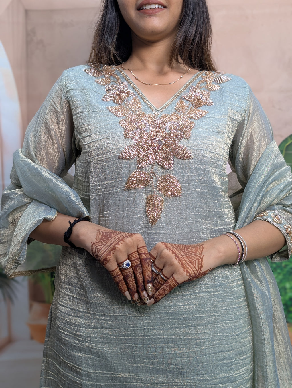 Premium Light Rama Salsa Palazzo Suit Close Up Showing Premium Salsa Fabric and Heavy Beads Work