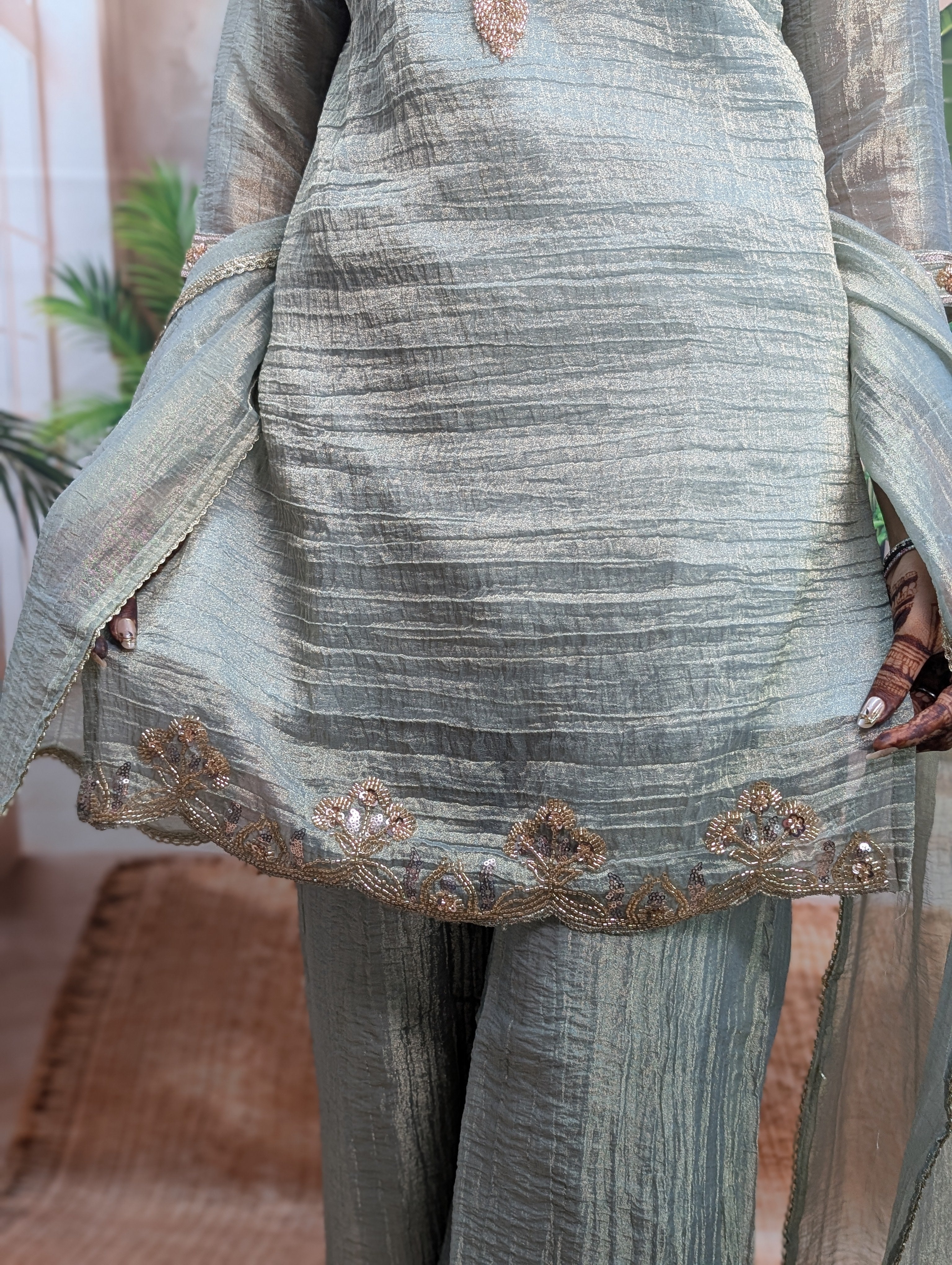 Premium Light Rama Salsa Palazzo Suit Heavy Beads Work Detail on Daman in Premium Salsa Fabric