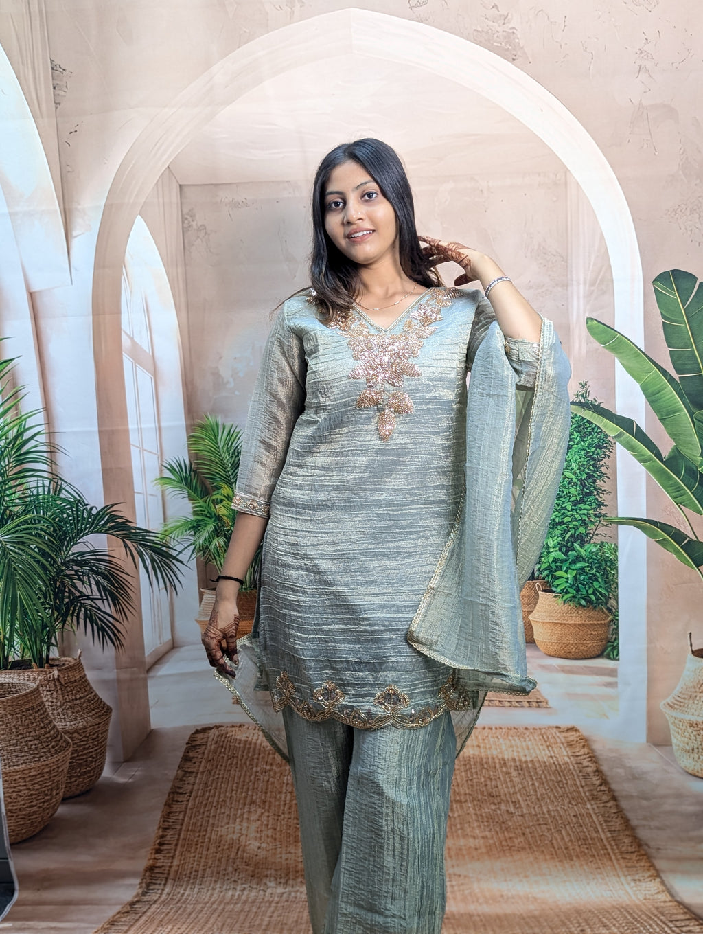 Premium Light Rama Salsa Palazzo Suit Premium Salsa Fabric Detail with Heavy Beads Work