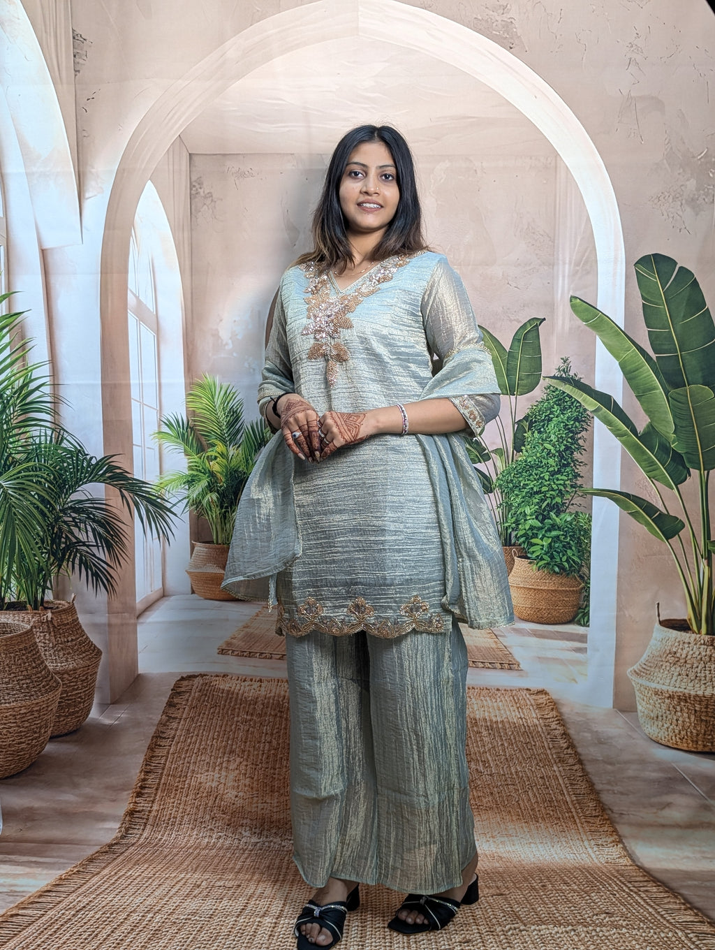 : Premium Light Rama Salsa Palazzo Suit for Women Front View with Heavy Beads Work and Fully Stitched Design