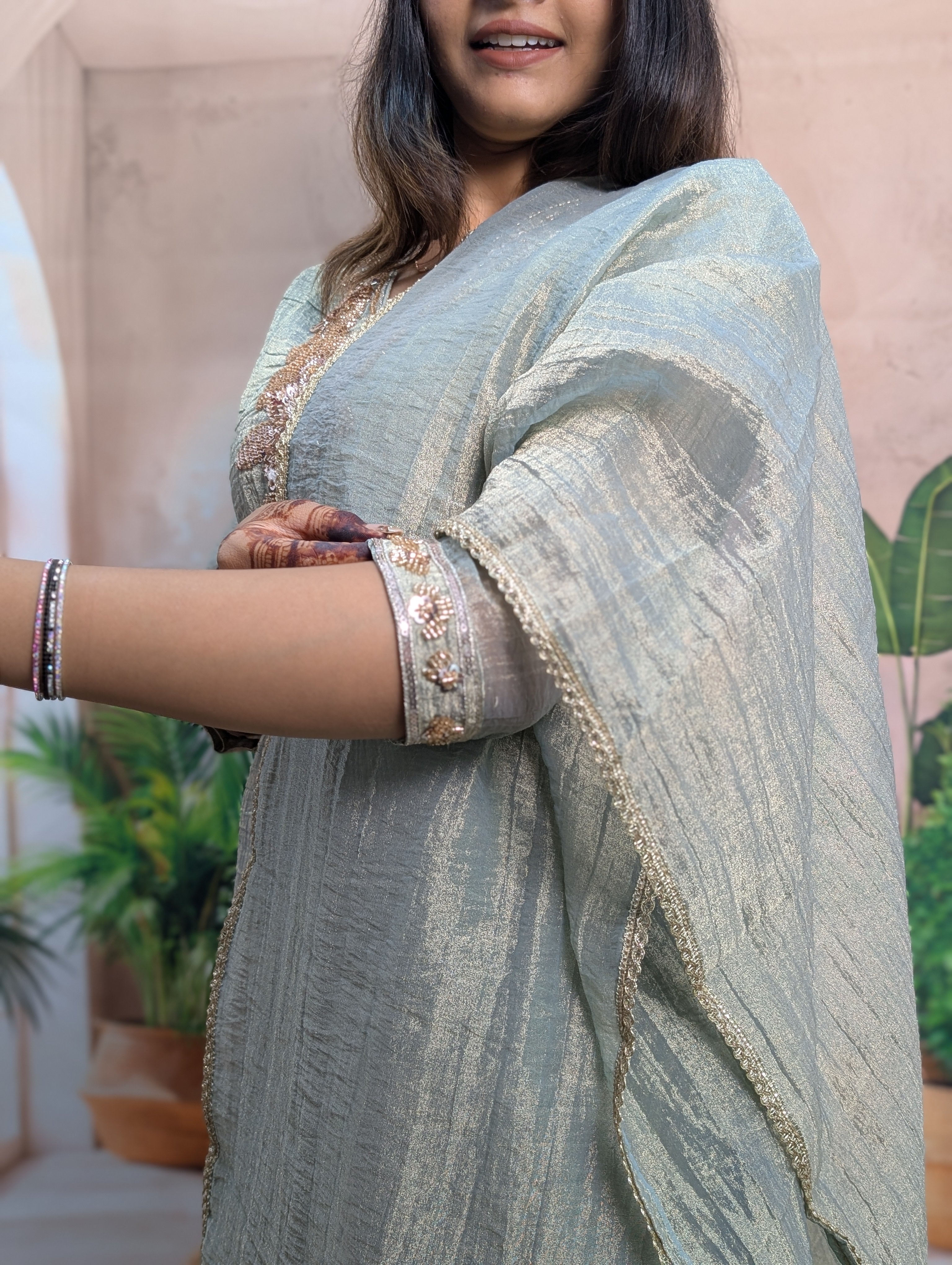 Premium Light Rama Salsa Palazzo Suit Heavy Beads Work Detail on Sleeves in Premium Salsa Fabric