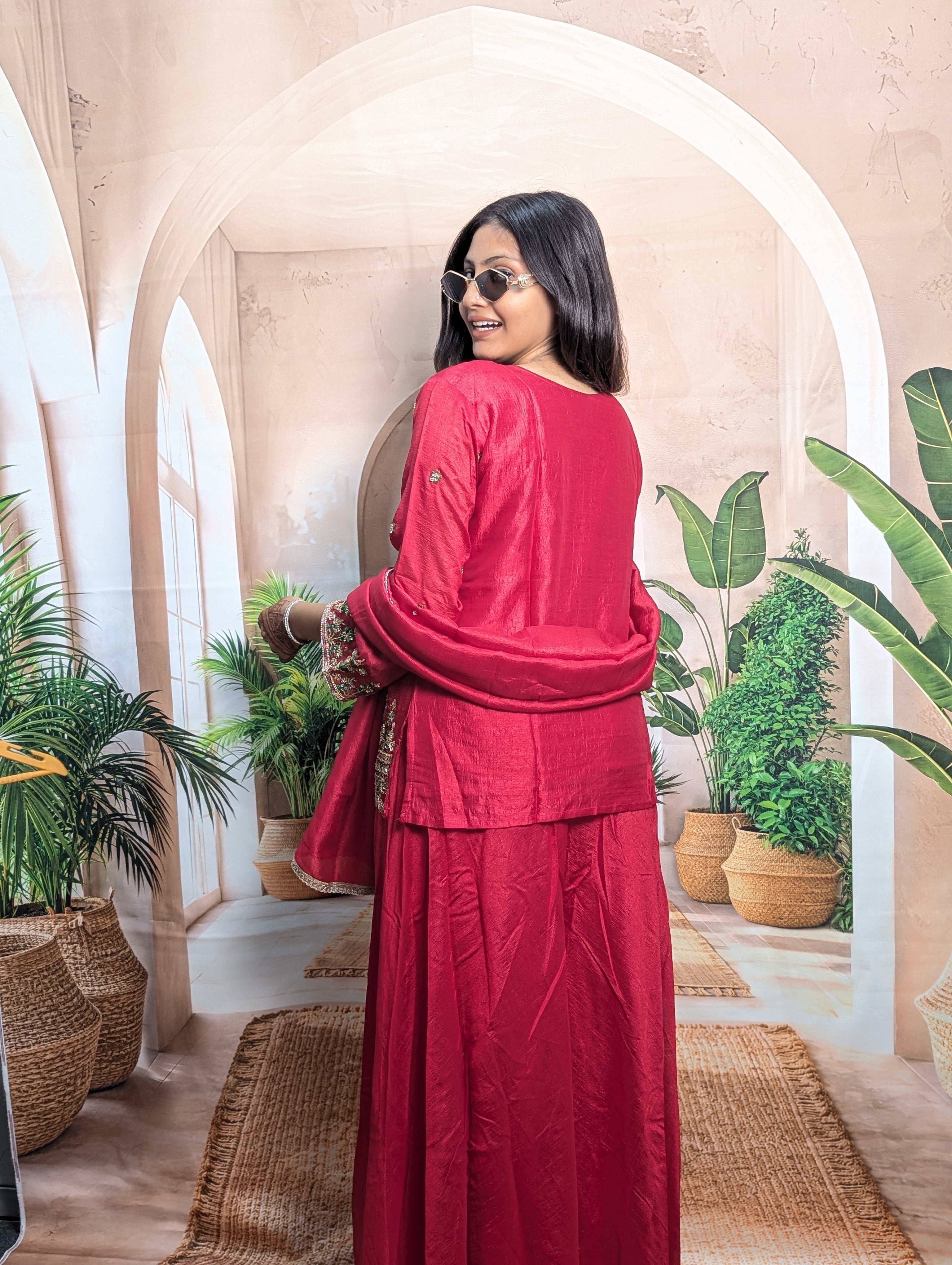 Premium Rama Pink designer palazzo suit back view with stylish embroidery and comfortable ethnic wear look