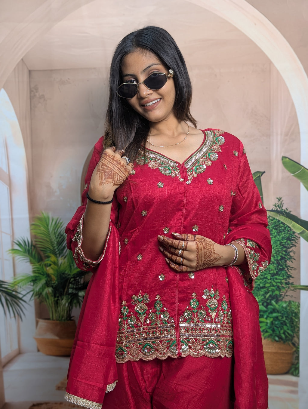 Close up view of Premium Rama Pink palazzo suit showing heavy beads embroidery work details