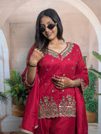 Close up view of Premium Rama Pink palazzo suit showing heavy beads embroidery work details