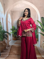 Premium Vichitra fabric Rama Pink palazzo suit with soft texture and elegant designer finish