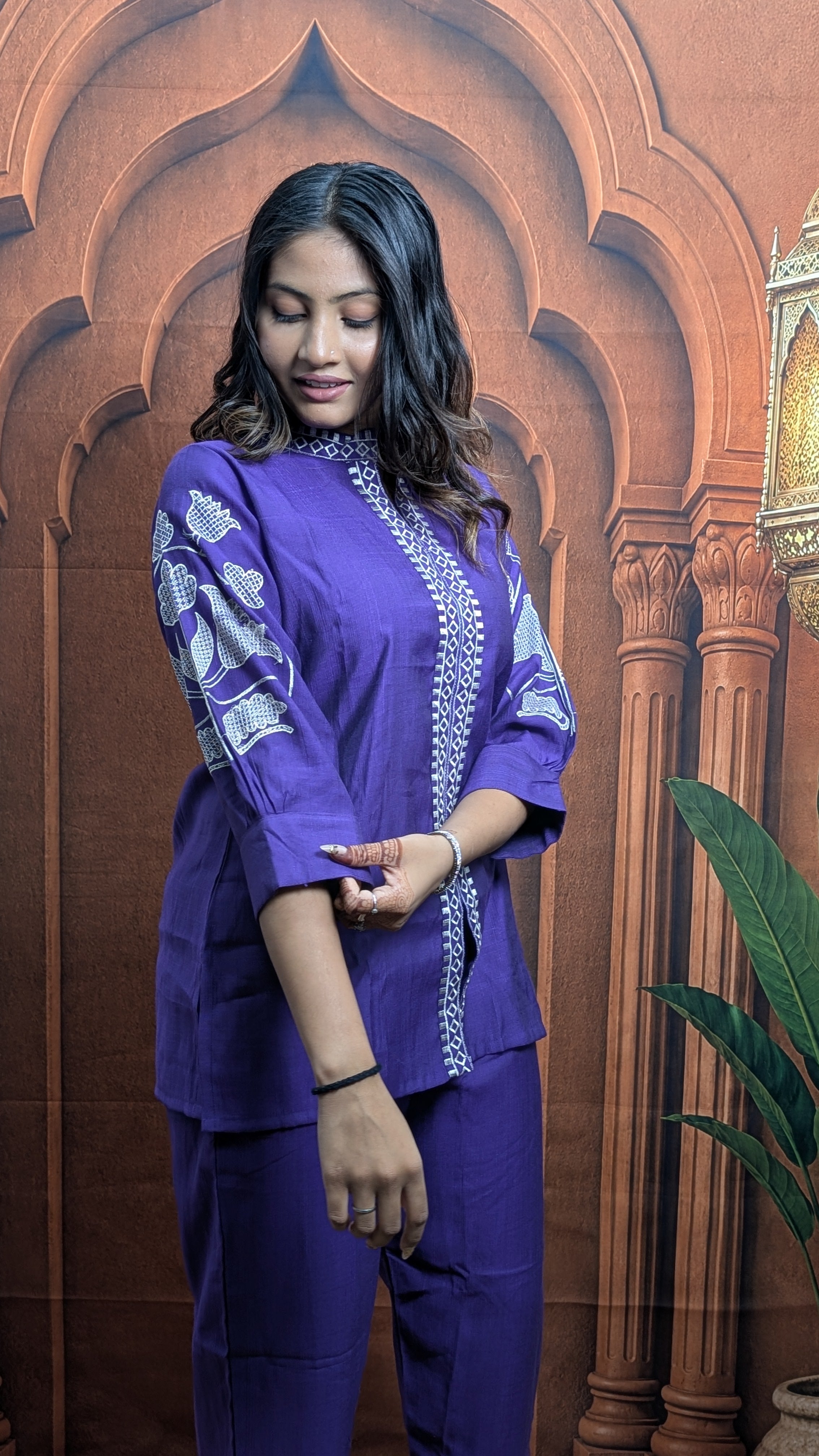 Purple Heavy Embroidered Vartican Co-Ord Set Close Up Showing Premium Vartican Fabric and Heavy Embroidery