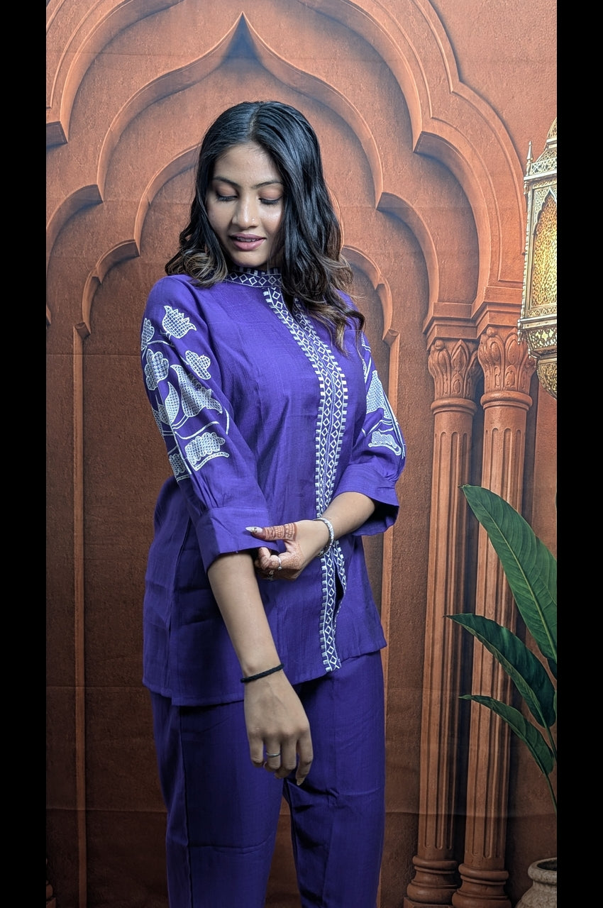 Purple Heavy Embroidered Vartican Co-Ord Set embroidery closeup on premium Vartican fabric