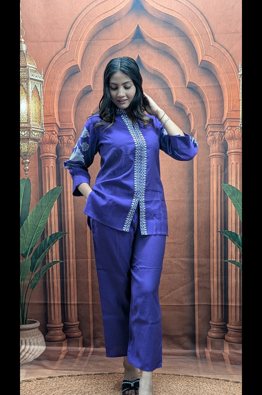 Purple Heavy Embroidered Vartican Co-Ord Set Women in premium Vartican fabric with elegant embroidery work