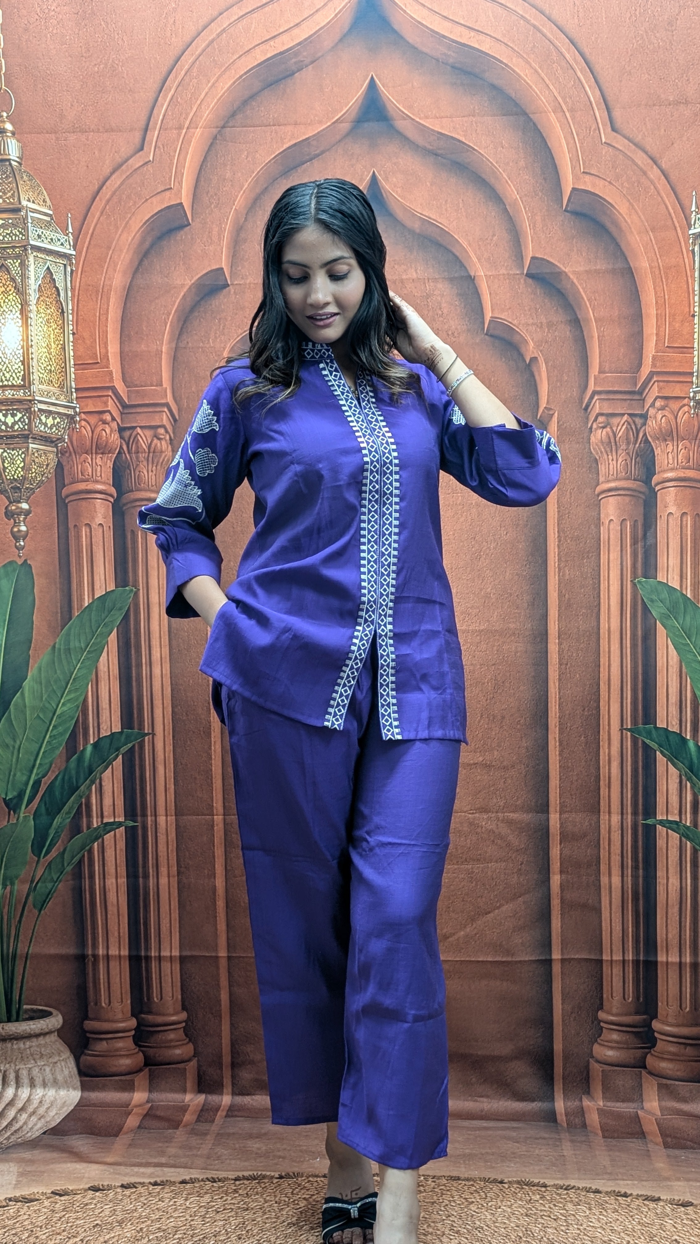 Purple Heavy Embroidered Vartican Co-Ord Set for Women Front View in Premium Vartican Fabric Fully Stitched
