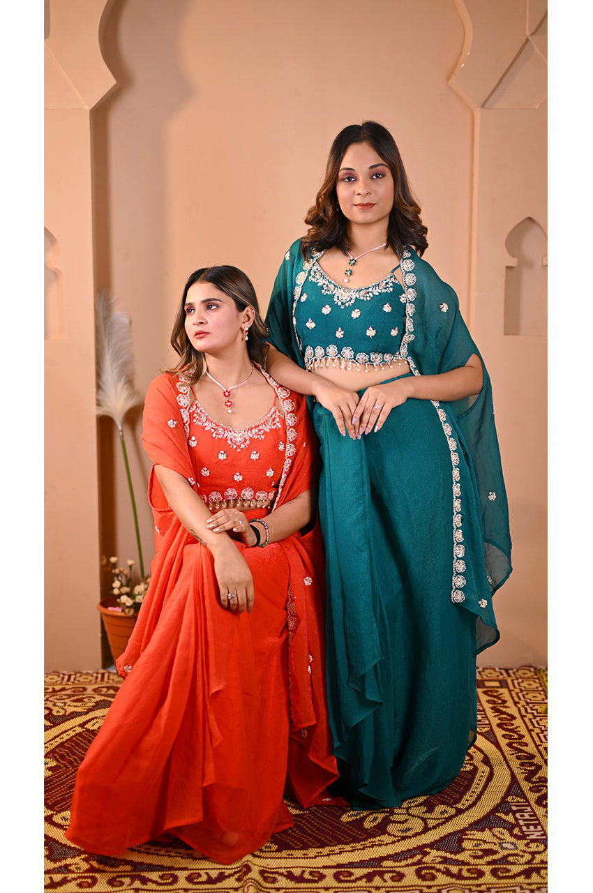 Rama Orange Indo Western Skirt Set full look, stylish outfit for festive weddings
