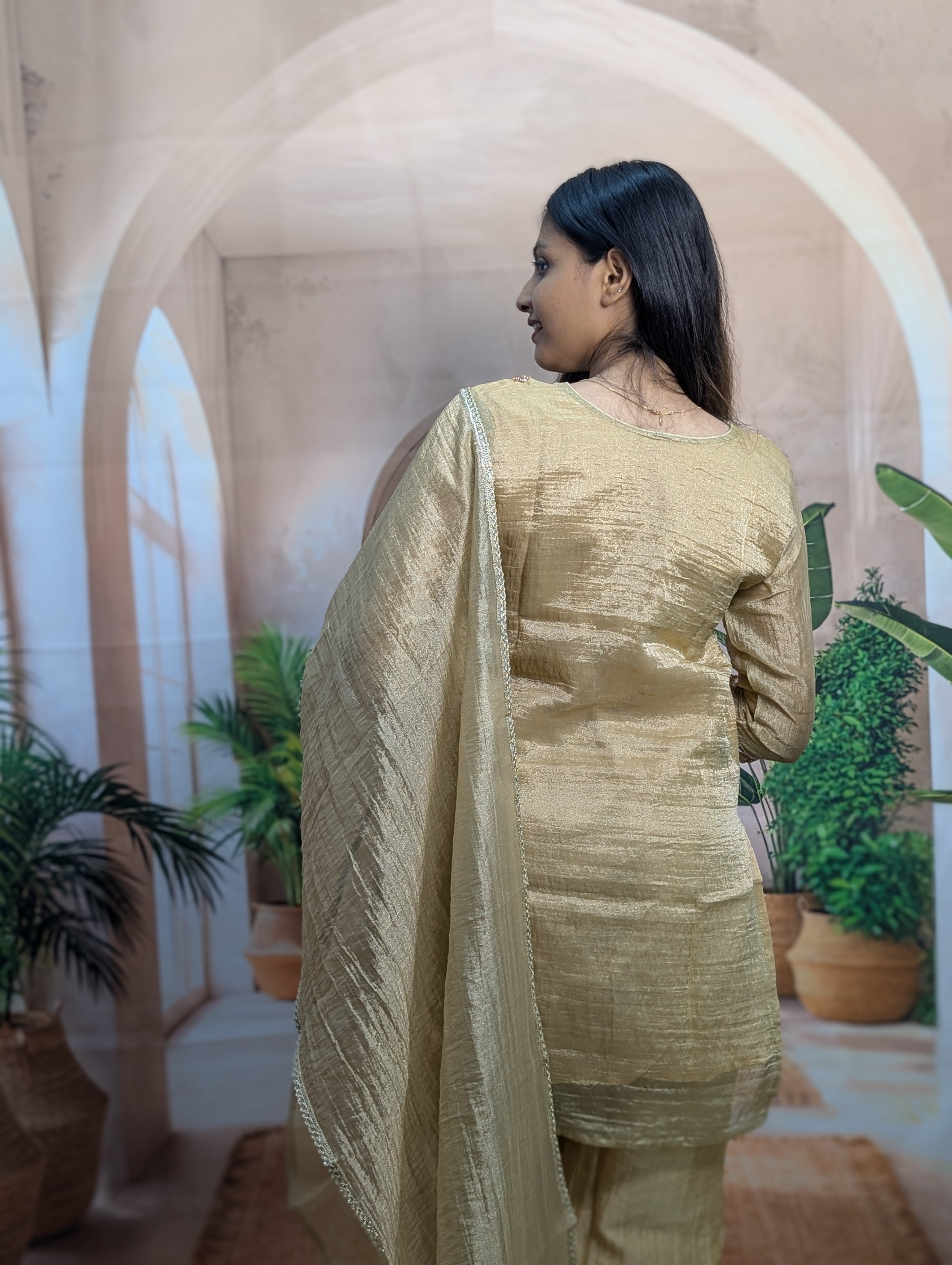 Royal Golden Salsa Designer Palazzo Suit for Women Back View in Premium Salsa Fabric Fully Stitched