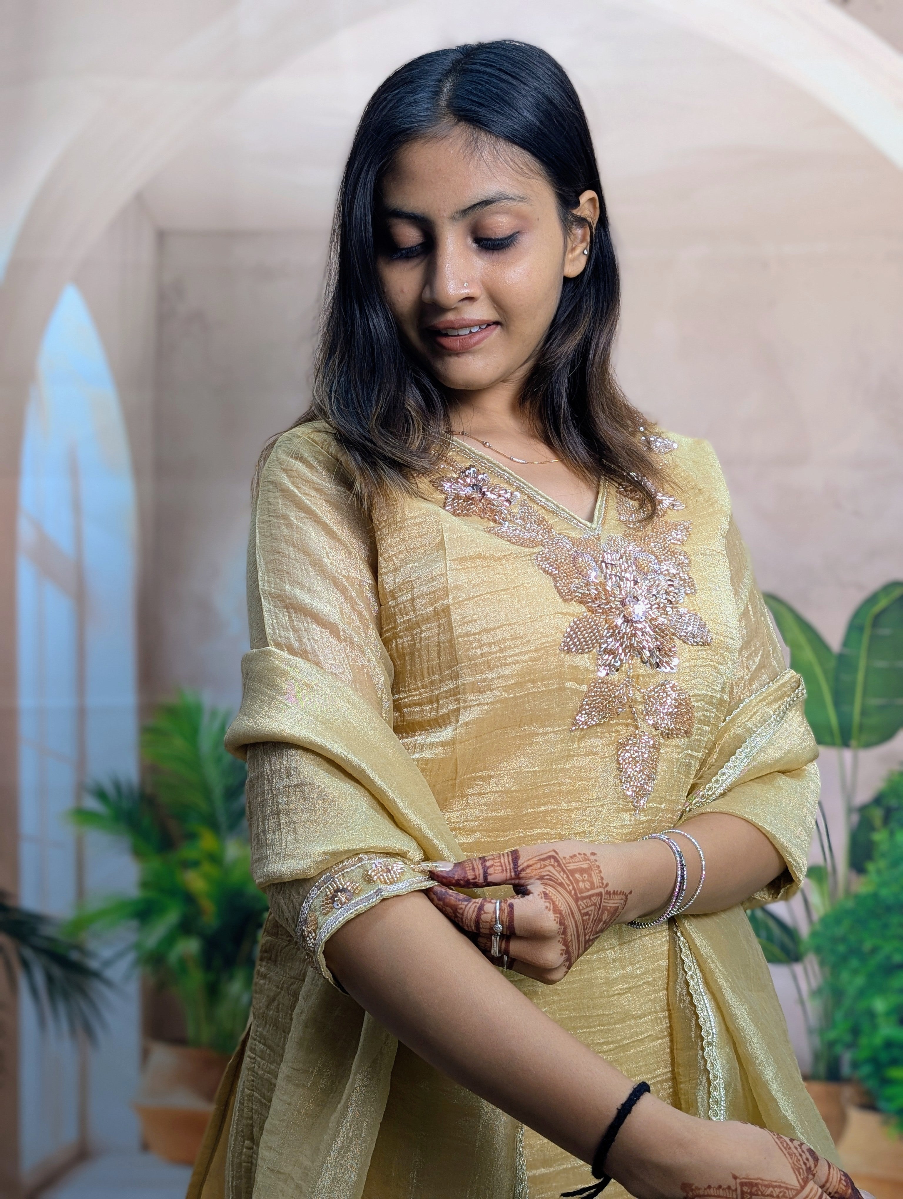 Royal Golden Salsa Designer Palazzo Suit Close Up Showing Premium Salsa Fabric and Heavy Beads Work