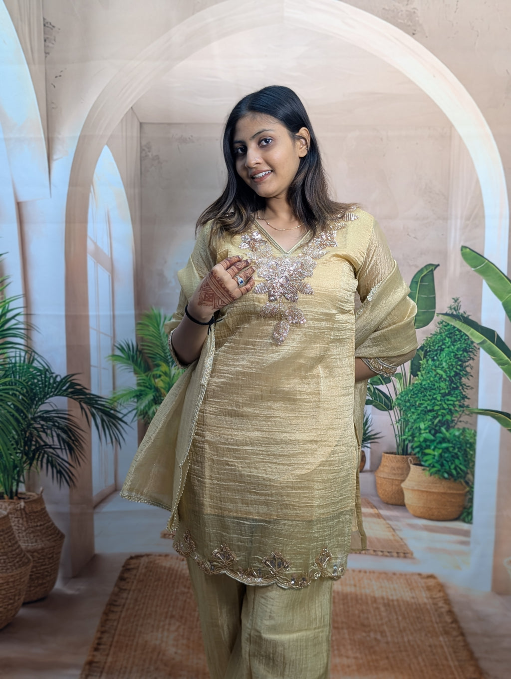 Royal Golden Salsa Designer Palazzo Suit Heavy Beads Work Detail on Premium Salsa Fabric