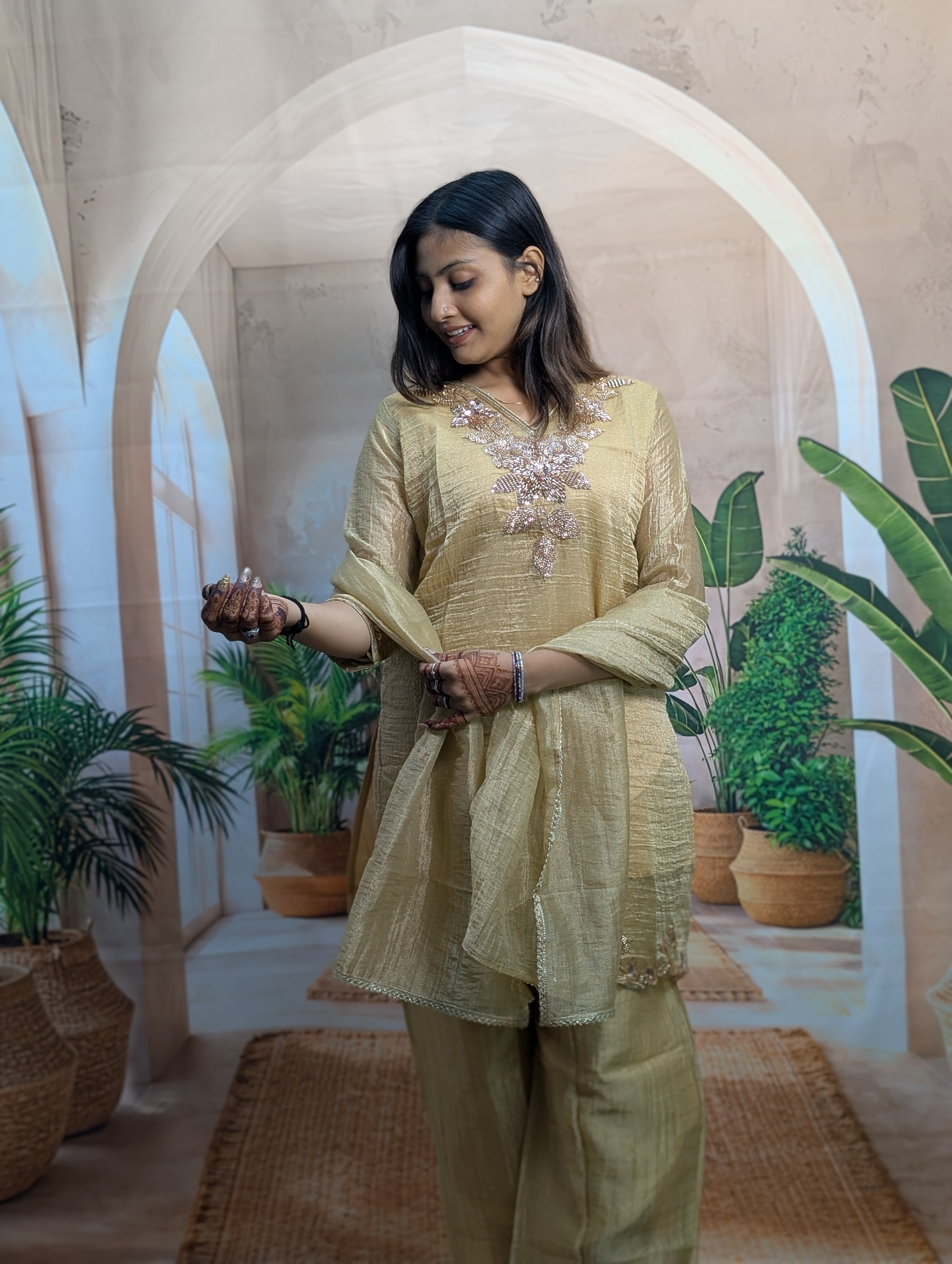 Royal Golden Salsa Designer Palazzo Suit Premium Salsa Fabric Detail with Heavy Beads Work