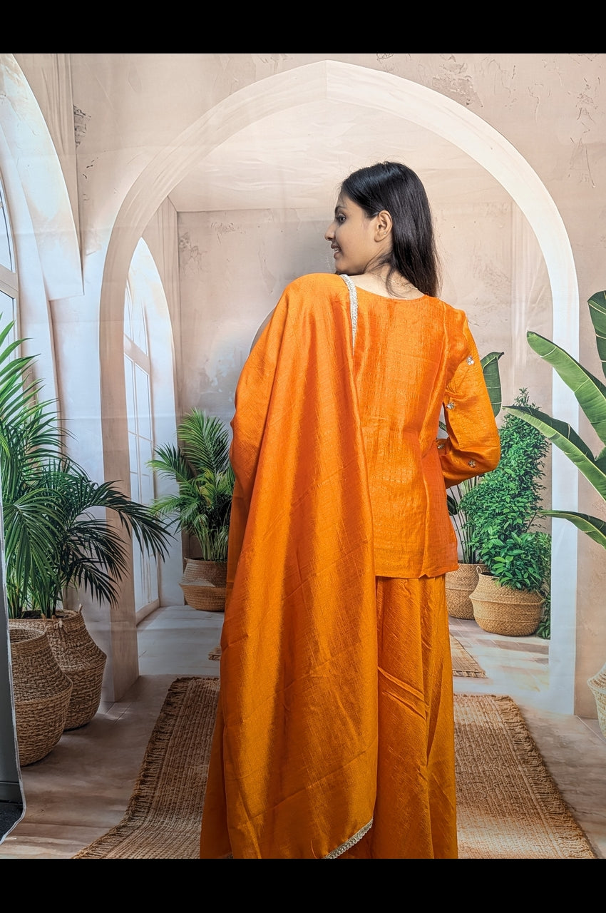 Orange Heavy Beads Vichitra Palazzo Suit for Women Back View in Premium Vichitra Fabric Fully Stitched