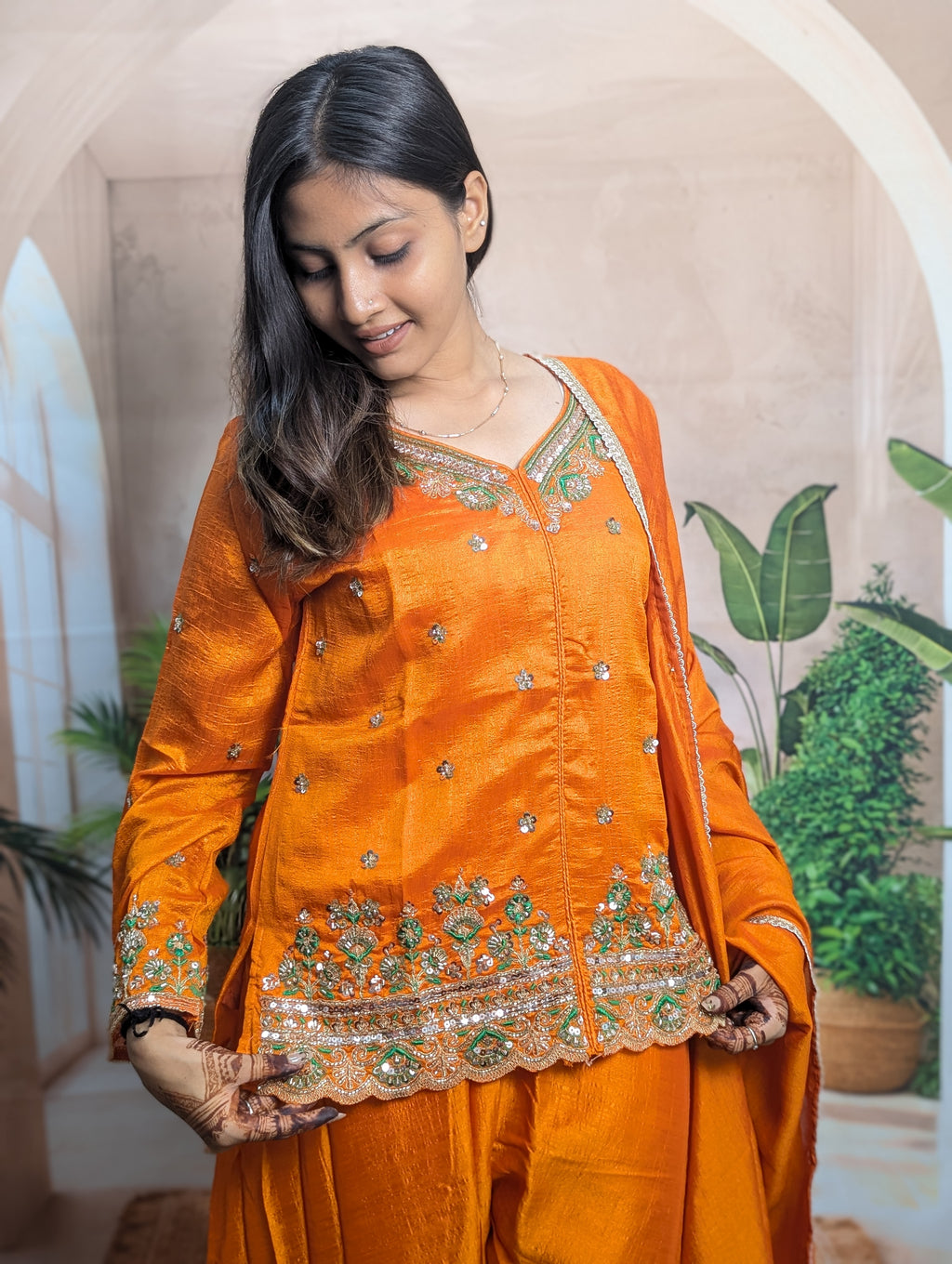 Royal Orange Vichitra Designer Palazzo Suit Close Up Showing Premium Vichitra Fabric and Heavy Beads Work