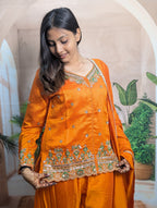 Royal Orange Vichitra Designer Palazzo Suit Close Up Showing Premium Vichitra Fabric and Heavy Beads Work