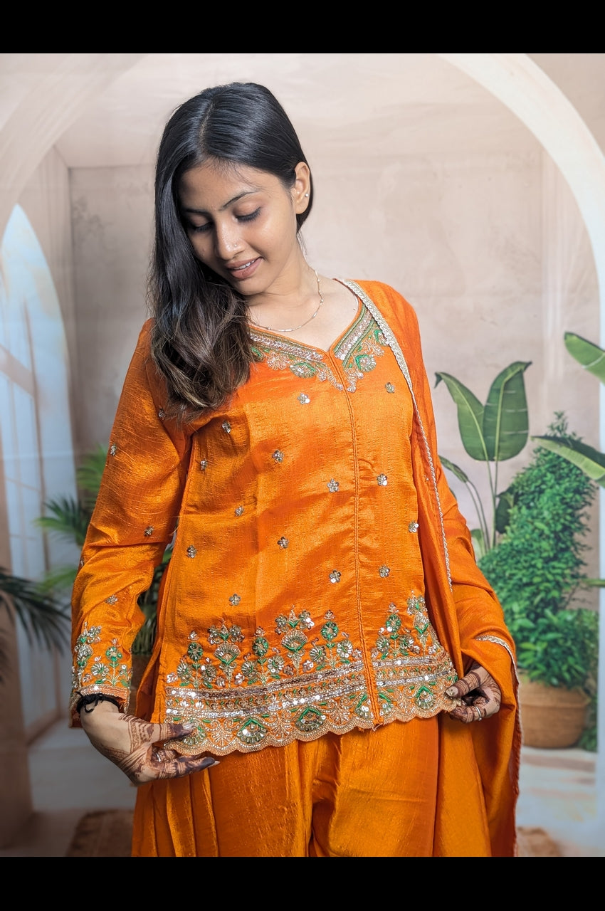 Orange Heavy Beads Vichitra Palazzo Suit Close Up Showing Premium Vichitra Fabric and Heavy Beads Work