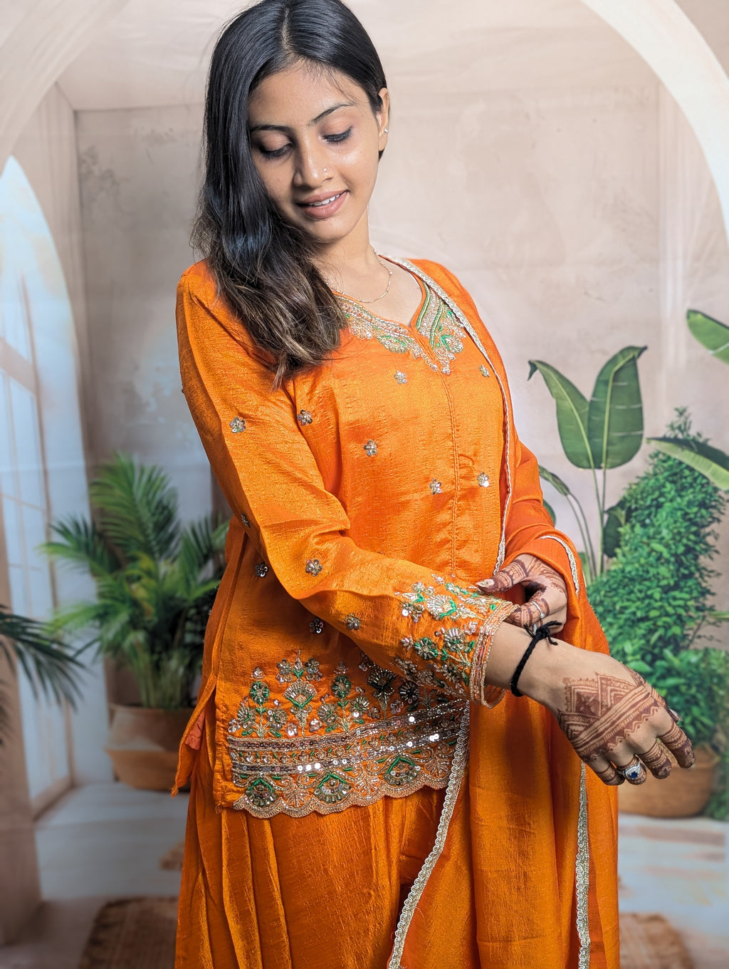 Royal Orange Vichitra Designer Palazzo Suit Heavy Beads Work Detail on Premium Vichitra Fabric