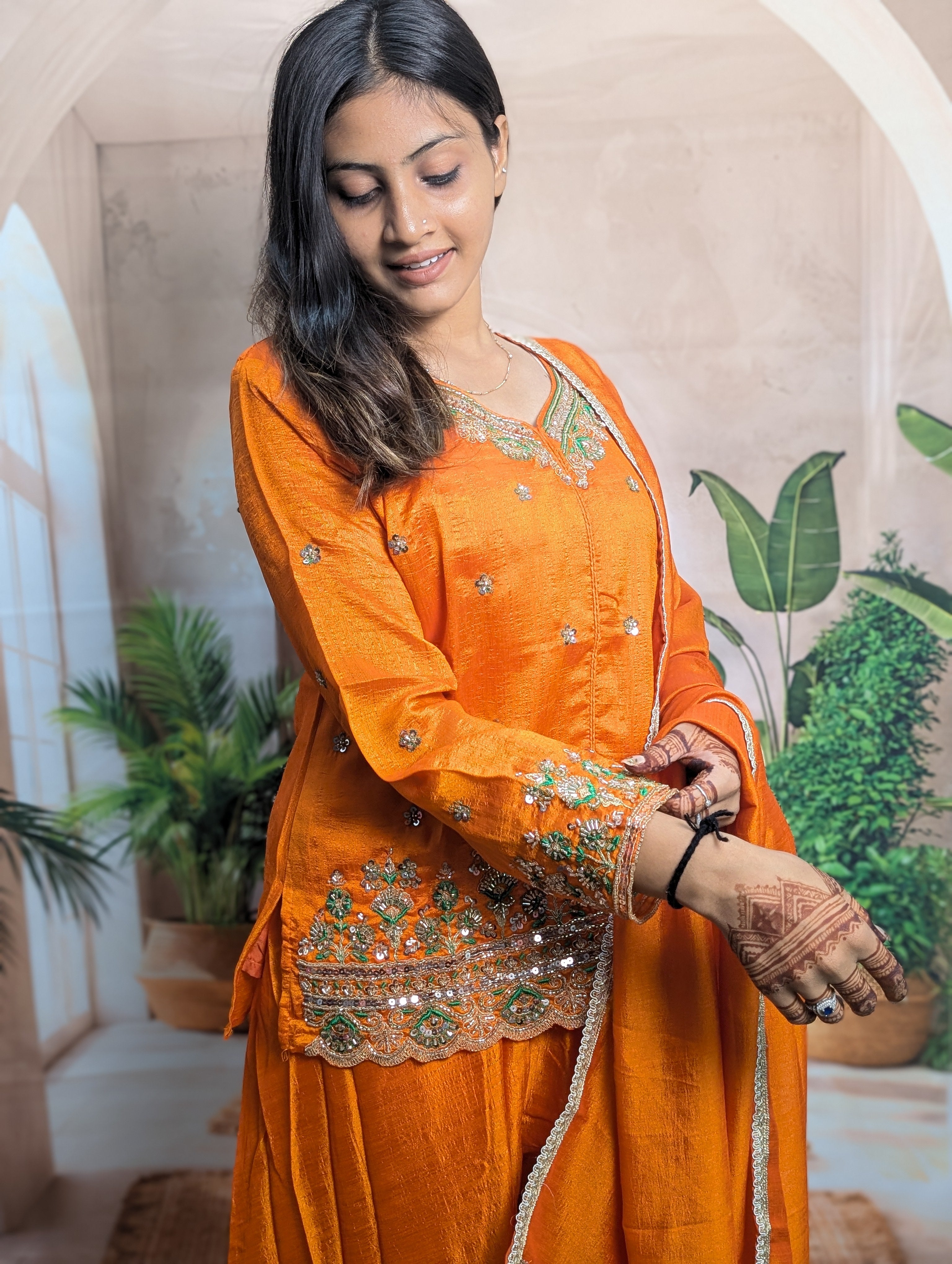 Royal Orange Vichitra Designer Palazzo Suit Heavy Beads Work Detail on Premium Vichitra Fabric