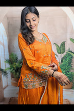 Orange Heavy Beads Vichitra Palazzo Suit Heavy Beads Work Detail on Premium Vichitra Fabric