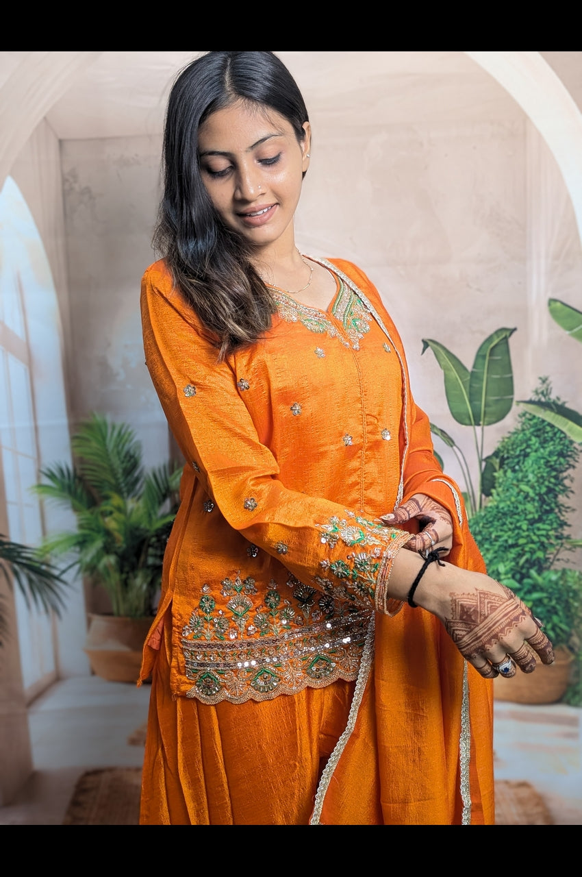 Orange Heavy Beads Vichitra Palazzo Suit Heavy Beads Work Detail on Premium Vichitra Fabric