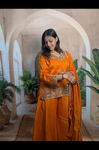 Orange Heavy Beads Vichitra Palazzo Suit Premium Vichitra Fabric Detail with Heavy Beads Work