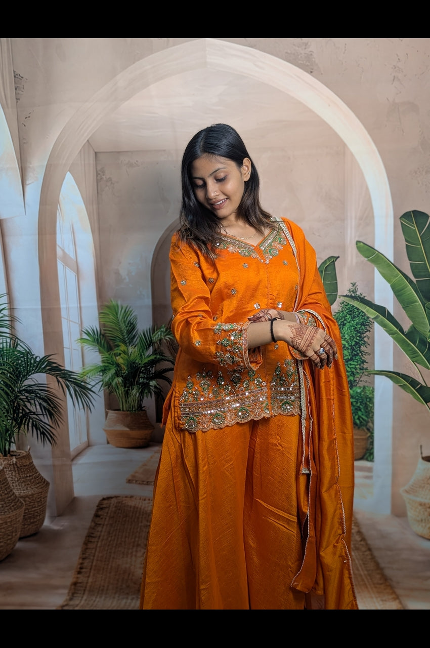 Orange Heavy Beads Vichitra Palazzo Suit Premium Vichitra Fabric Detail with Heavy Beads Work