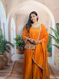 Royal Orange Vichitra Designer Palazzo Suit for Women Front View with Heavy Beads Work and Fully Stitched Design