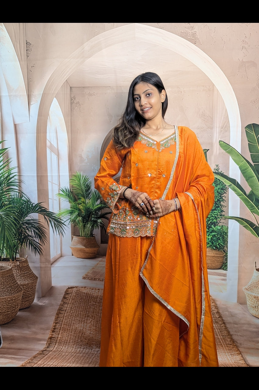 Orange Heavy Beads Vichitra Palazzo Suit for Women Front View with Fully Stitched Designer Ethnic Wear