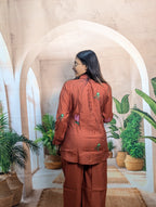 Premium Rust Brown Embroidered Co-Ord Set for Women back view showing comfortable fit and premium fabric