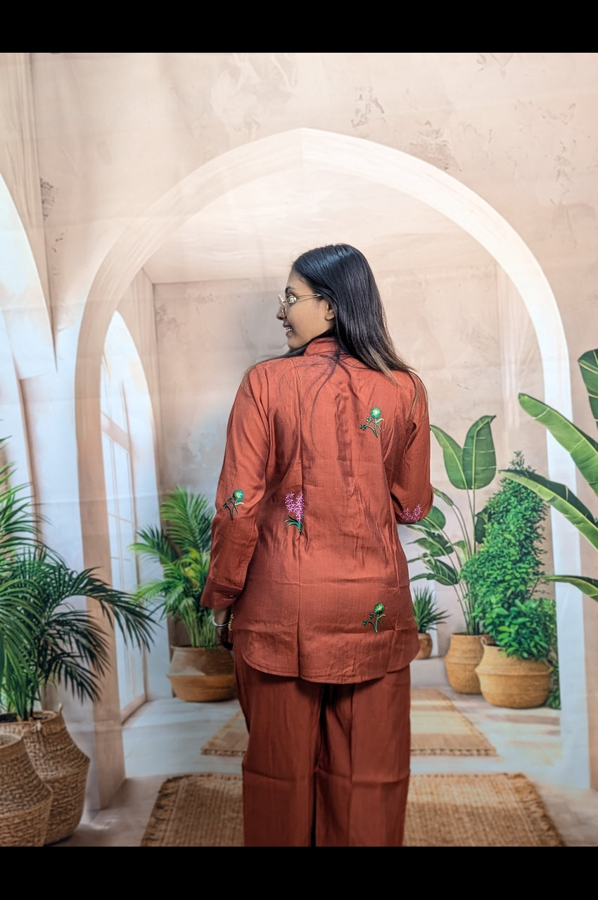 Premium Rust Brown Co-Ord Set with Embroidery Design for Women Back View in Premium Fabric Fully Stitched