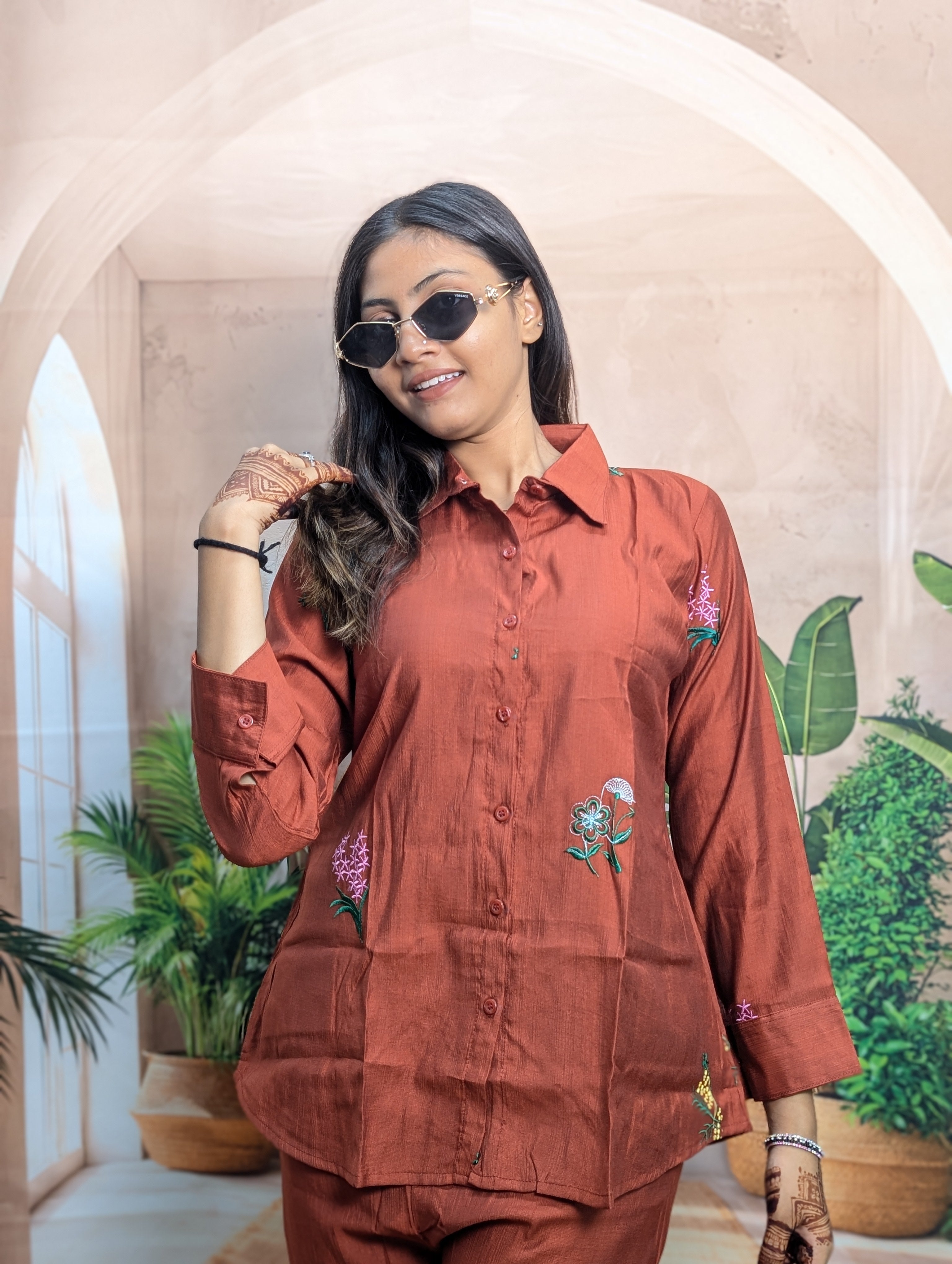 Close up view of Premium Rust Brown Embroidered Co-Ord Set for Women with detailed embroidery work