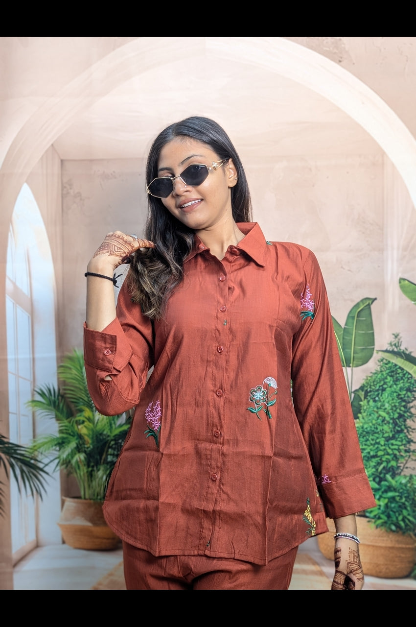Premium Rust Brown Co-Ord Set Close Up Showing Premium Fabric and Elegant Embroidery Design