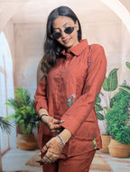 Elegant embroidery work detail on Premium Rust Brown Co-Ord Set for Women with stylish ethnic fashion look