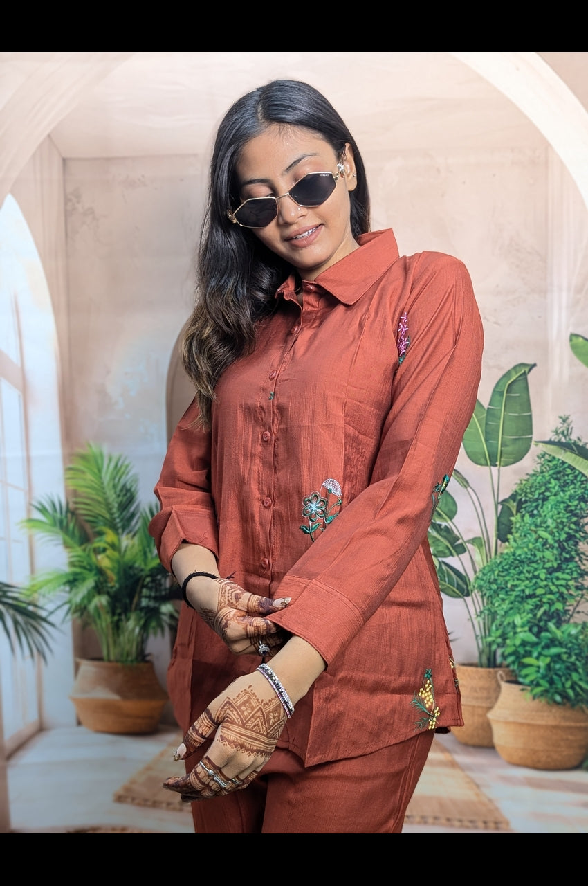 : Premium Rust Brown Co-Ord Set Embroidery Design Detail on Premium Fabric for Women