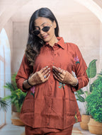 Premium Vartican fabric detail of Rust Brown Embroidered Co-Ord Set for Women with soft texture finish