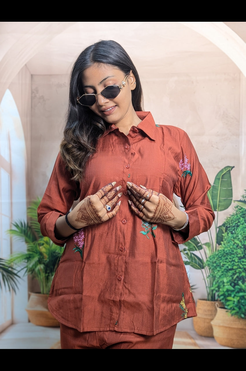 Premium Rust Brown Co-Ord Set Premium Fabric Detail with Elegant Embroidery Design for Women