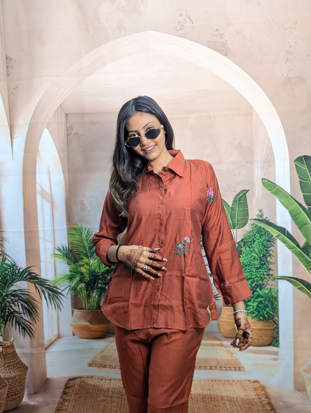 Premium Rust Brown Embroidered Co-Ord Set for Women front view with elegant embroidery work and stylish design