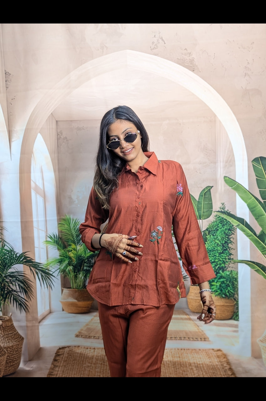 Premium Rust Brown Co-Ord Set with Embroidery Design for Women Front View in Premium Fabric Fully Stitched