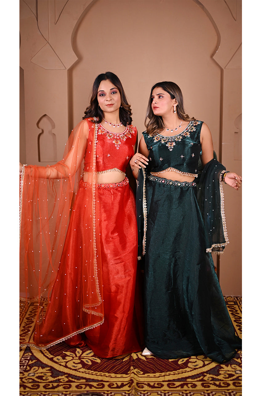 Rust Green Indo Western Umbrella Flared Lehenga Set full look, designer beads work, wedding festive outfit