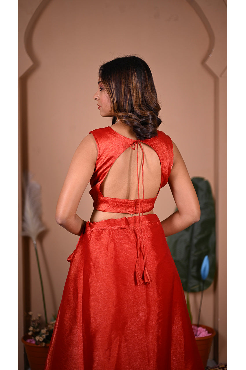 Rust Indo Western Lehenga Set back full look with designer beads, festive outfit