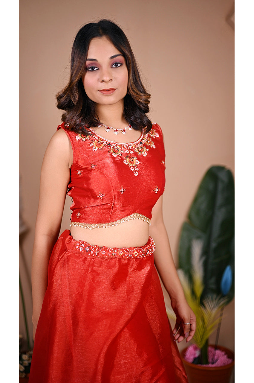 Rust Indo Western Lehenga Set blouse design with intricate designer beads work