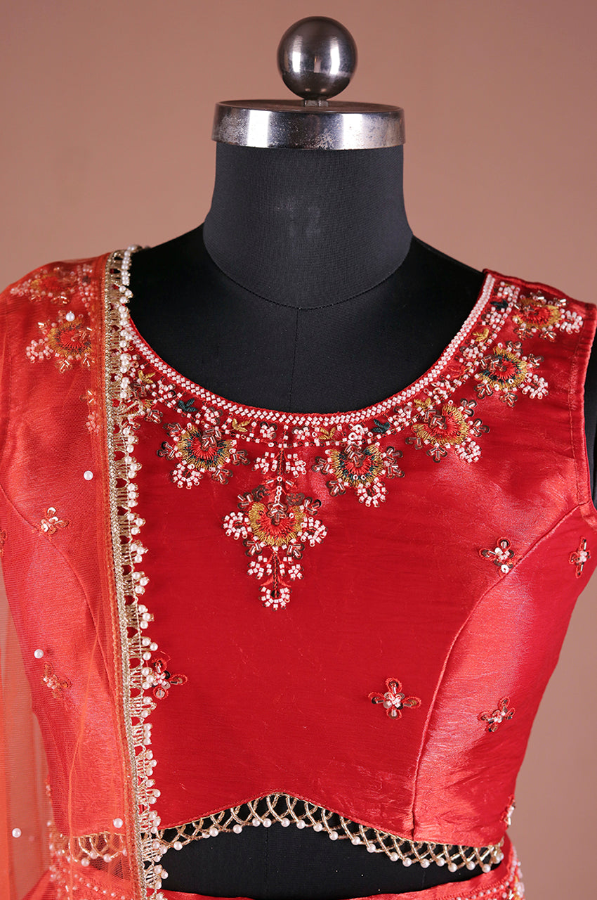 Rust Indo Western Lehenga Set blouse real look, designer beads work, wedding festive outfit