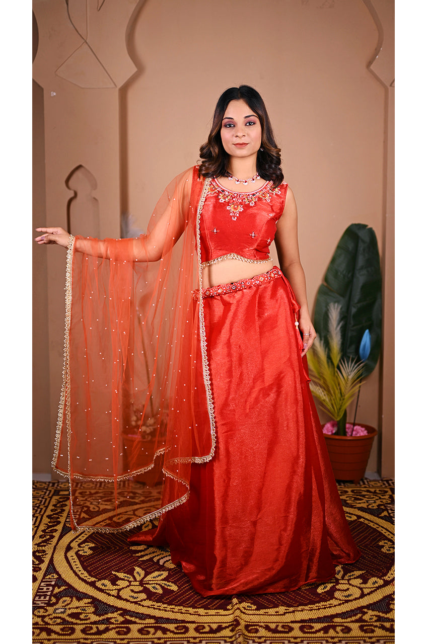Rust Indo Western Lehenga Set dupatta look with moti work, festive wear