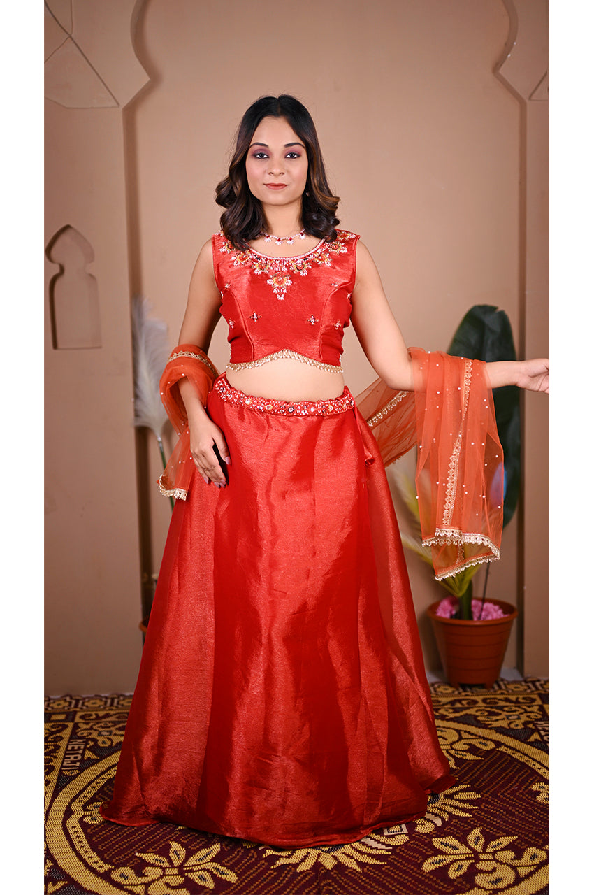 Rust Indo Western Lehenga Set front view with designer beads work, festive wear