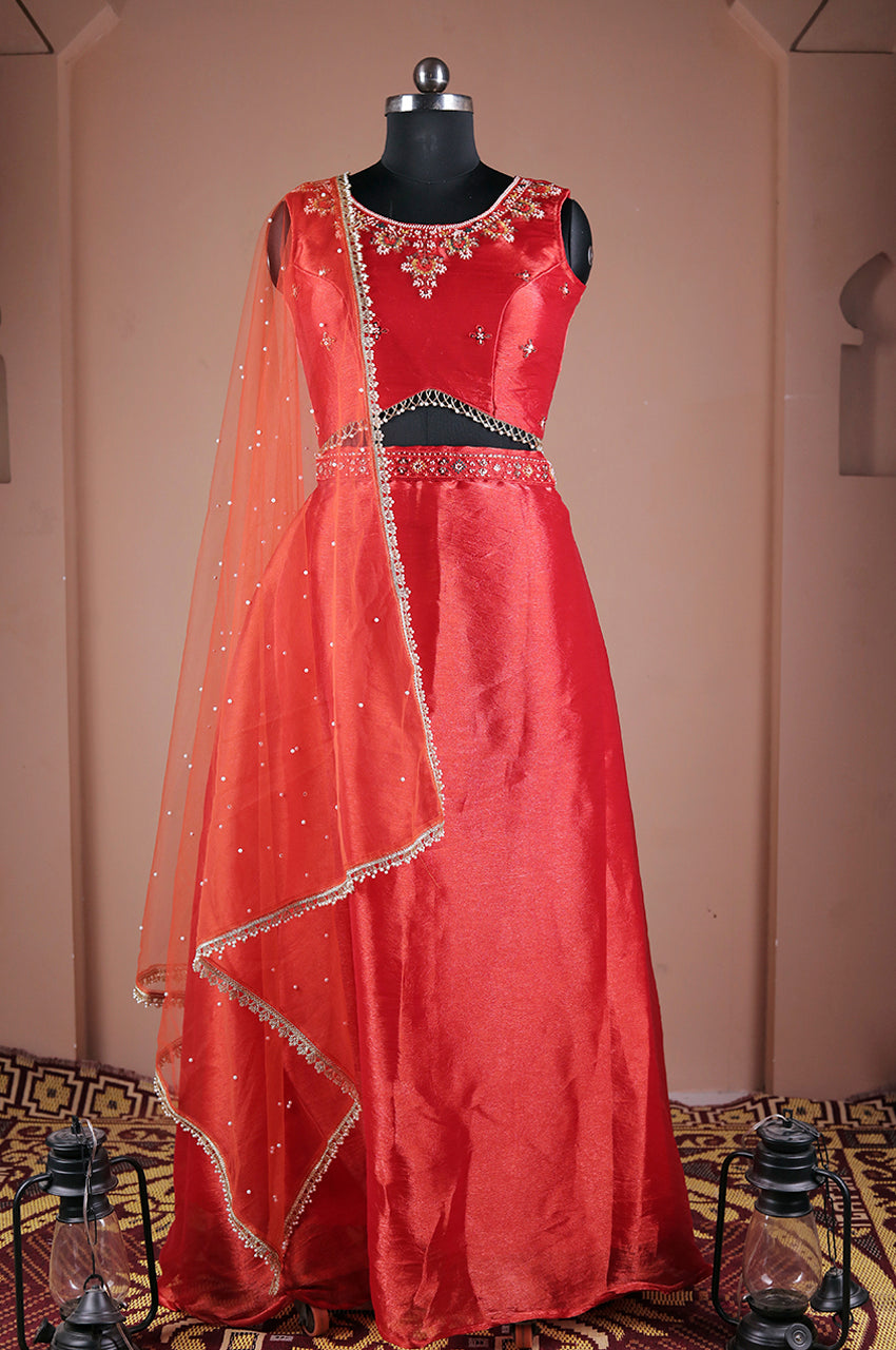 Rust Indo Western Lehenga Set real look, model wearing designer festive outfit